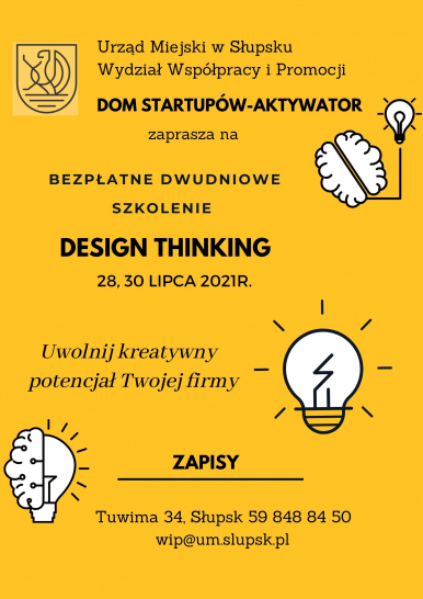 plakat  z żarówką, zarysem głowy i napisem Design Thinking, bezpłatne szkolenie;uwolnij kreatywny potencjał twojej firmy